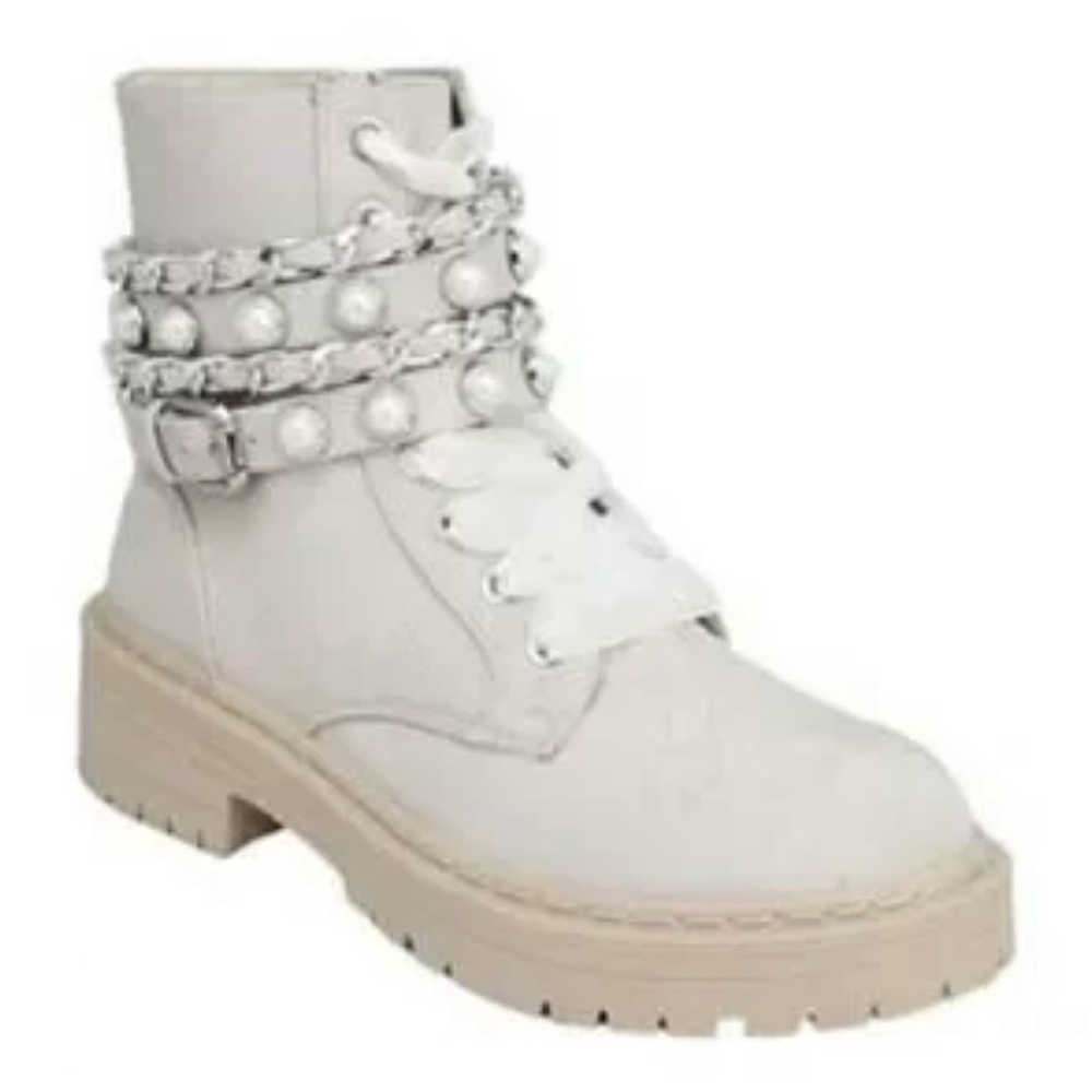 Sugar Ivory Lace-Up Pearl & Chain Combat Boot Size 7 NIB